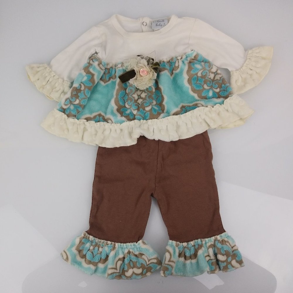 Haute Baby Minky Ruffles Blue Cream Tan Brown Mandala Flare Shirt Pant Set 3-6